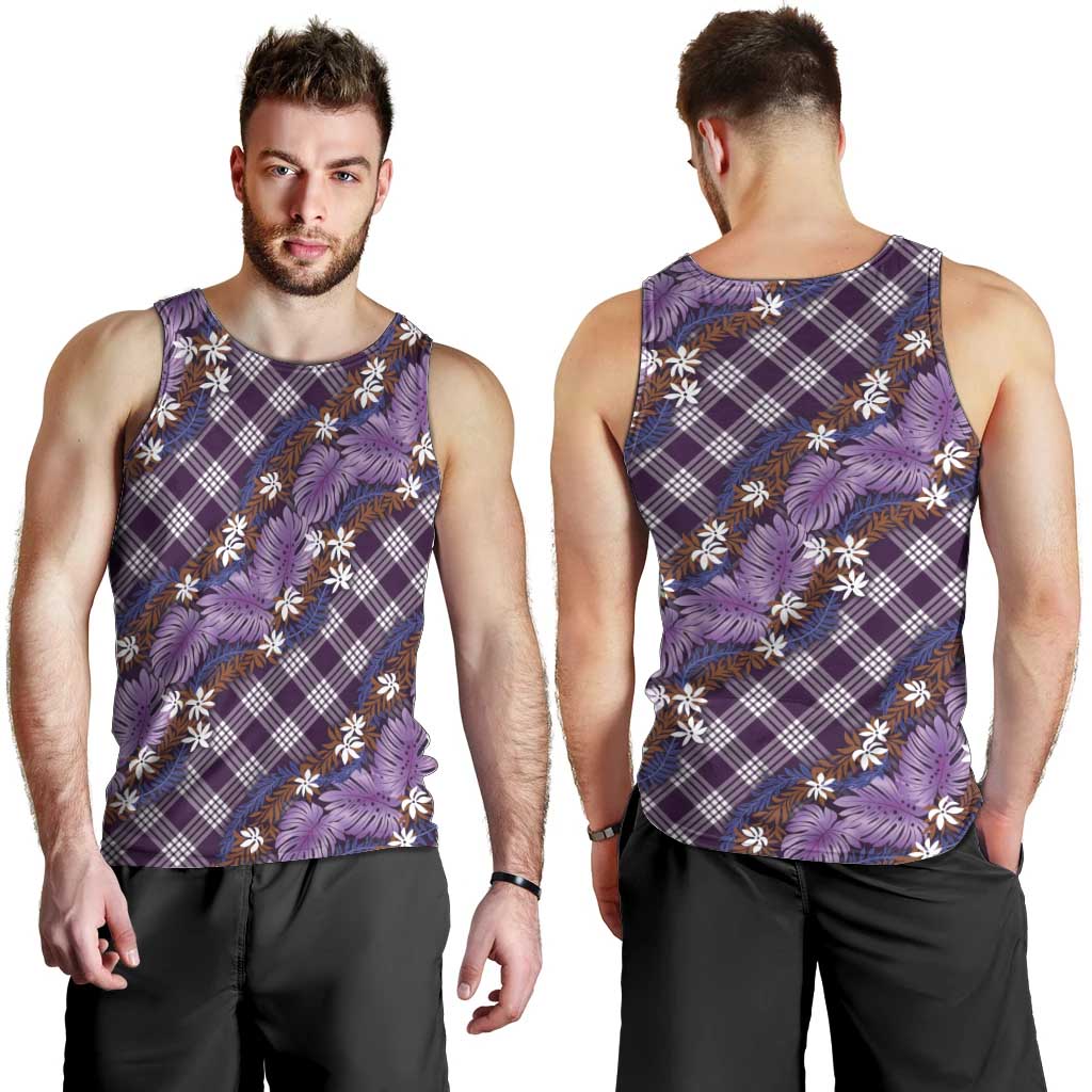 Polynesian Monstera Tiare Floral Men Tank Top Lavender Tropical Plaid LT01 - Polynesian Pride