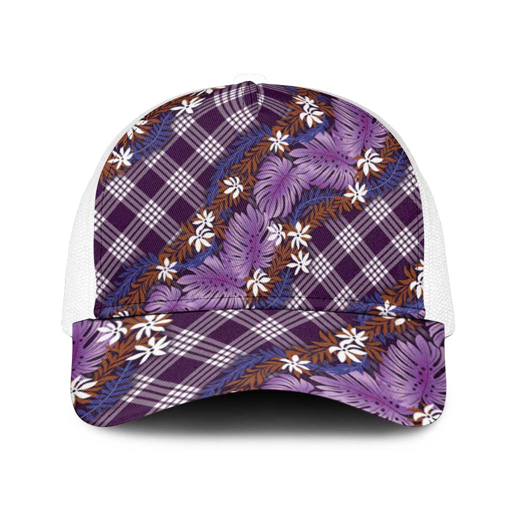Polynesian Monstera Tiare Floral Mesh Trucker Cap Lavender Tropical Plaid - Polynesian Pride