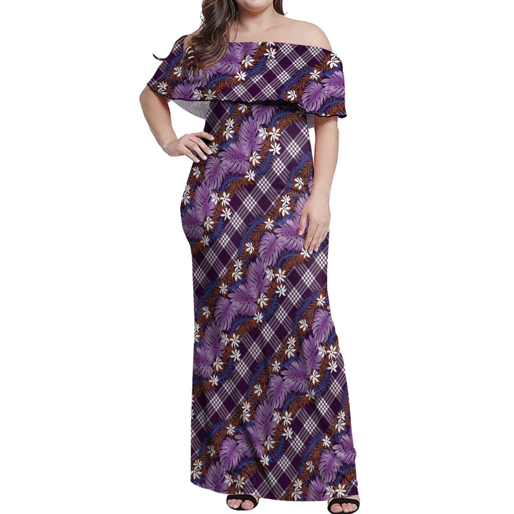 Polynesian Monstera Tiare Floral Off Shoulder Maxi Dress Lavender Tropical Plaid LT01 Women Purple - Polynesian Pride