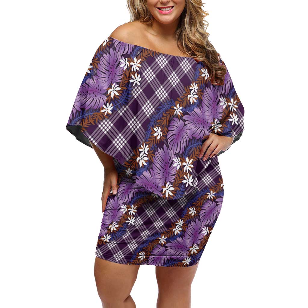 Polynesian Monstera Tiare Floral Off Shoulder Short Dress Lavender Tropical Plaid LT01 Women Purple - Polynesian Pride