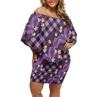 Polynesian Monstera Tiare Floral Off Shoulder Short Dress Lavender Tropical Plaid LT01 Women Purple - Polynesian Pride