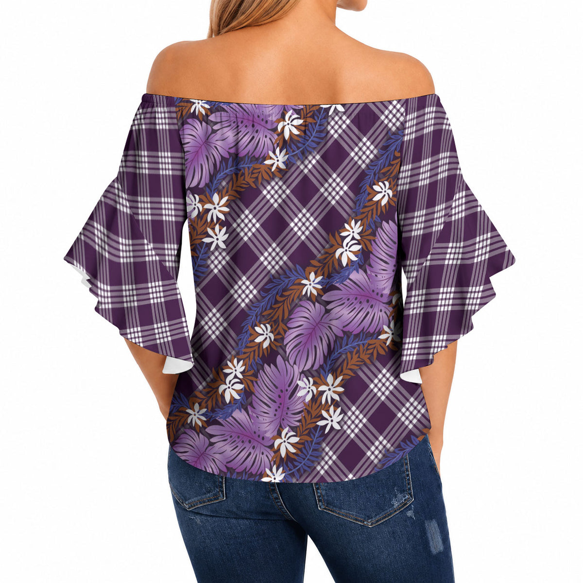 Polynesian Monstera Tiare Floral Off Shoulder Wrap Waist Top Lavender Tropical Plaid LT01 - Polynesian Pride