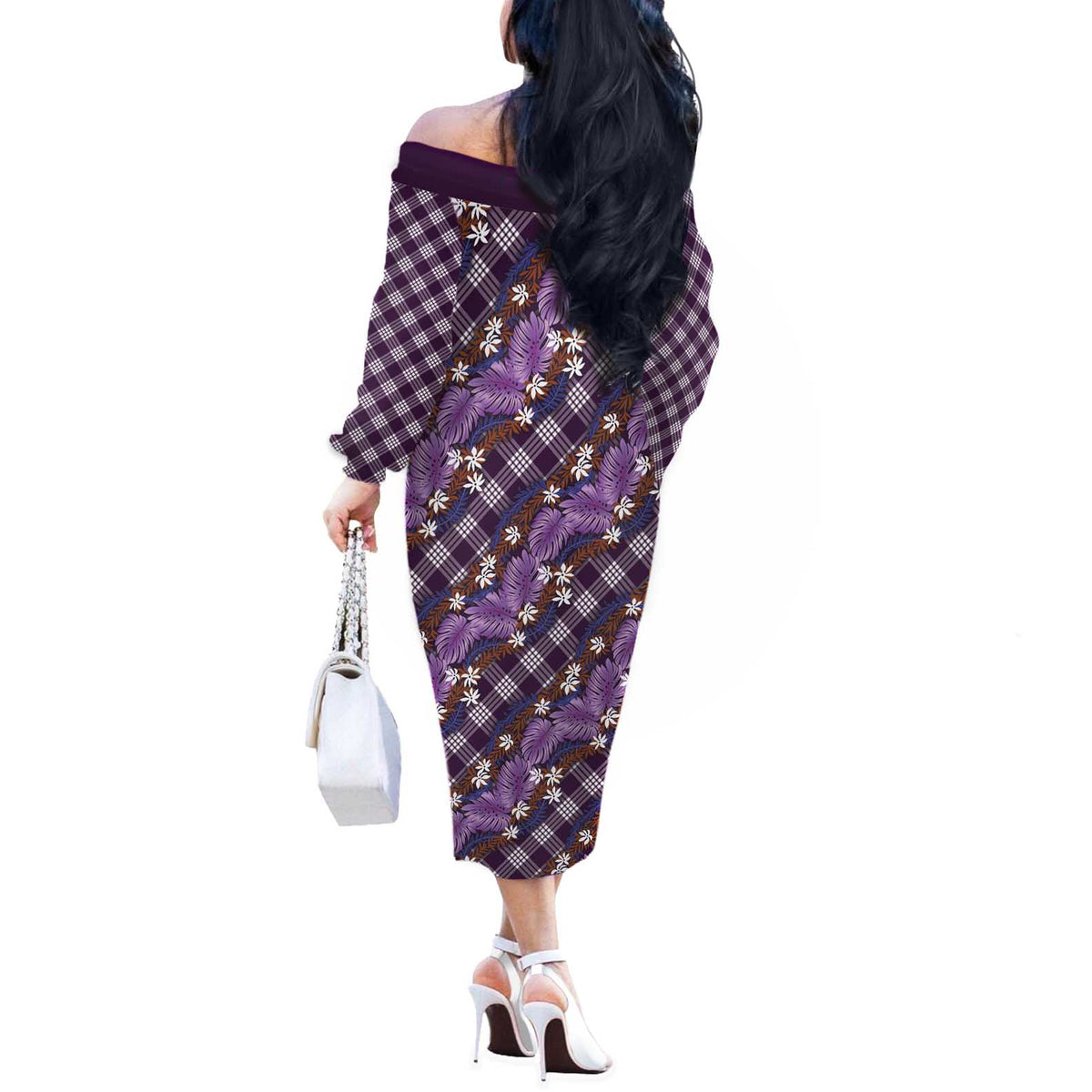 Polynesian Monstera Tiare Floral Off The Shoulder Long Sleeve Dress Lavender Tropical Plaid LT01 - Polynesian Pride