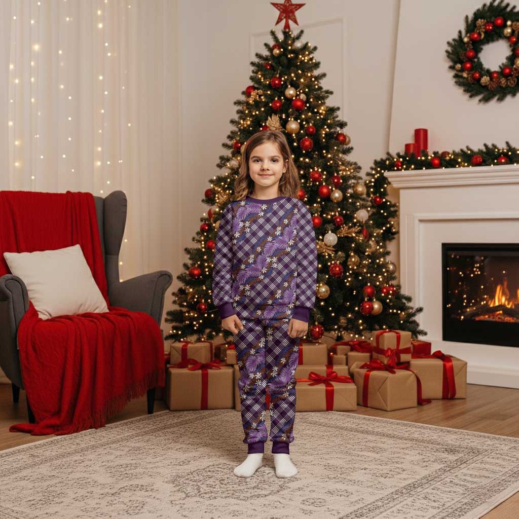 Polynesian Monstera Tiare Floral Christmas Pajama Set Lavender Tropical Plaid LT01 Kid Purple - Polynesian Pride
