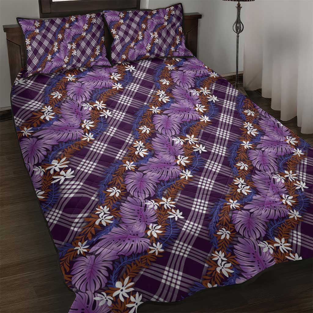 Polynesian Monstera Tiare Floral Quilt Bed Set Lavender Tropical Plaid - Polynesian Pride