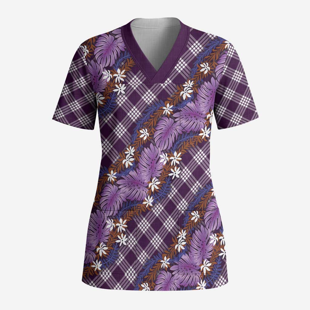 Polynesian Monstera Tiare Floral Scrub Top Lavender Tropical Plaid LT01 Adult Purple - Polynesian Pride