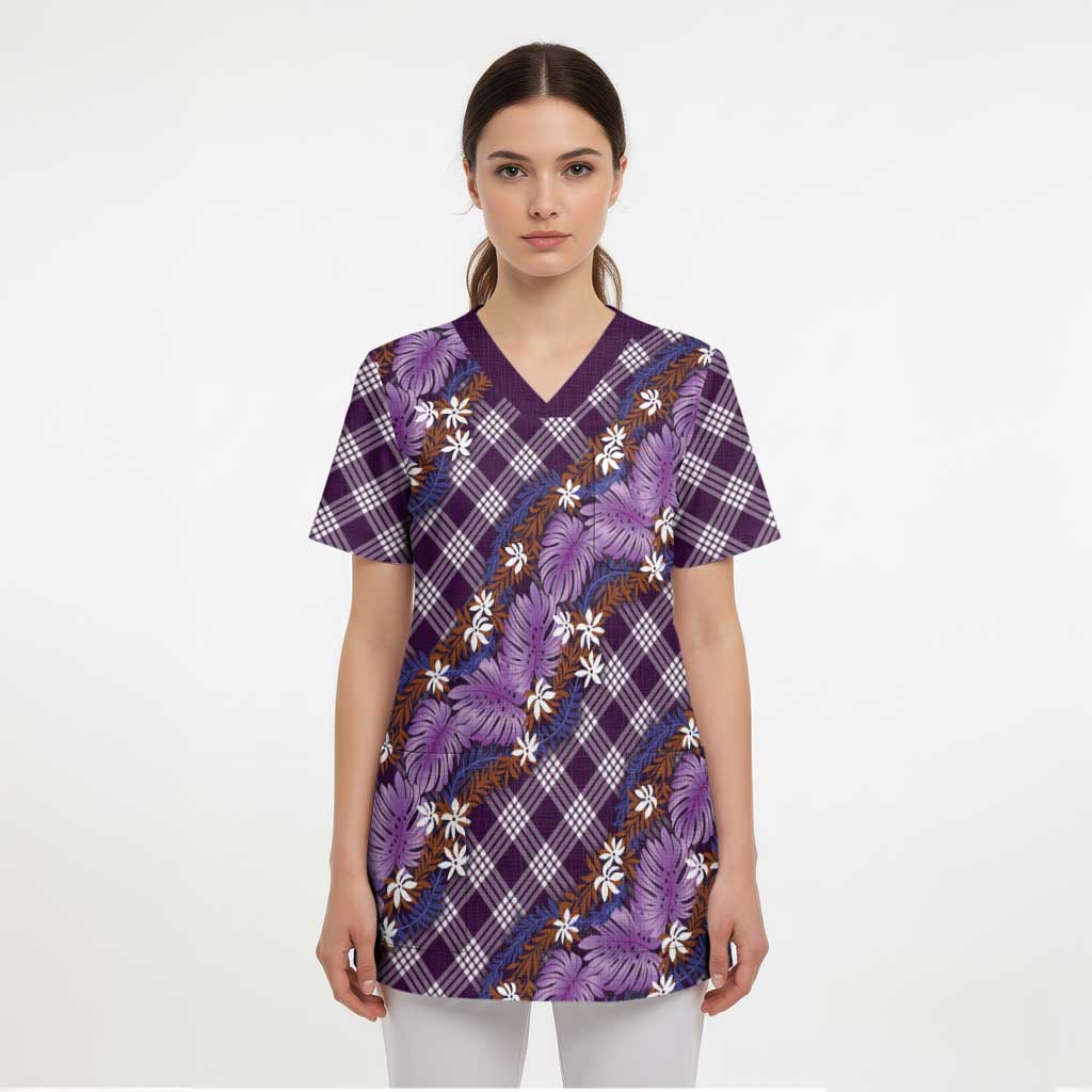 Polynesian Monstera Tiare Floral Scrub Top Lavender Tropical Plaid LT01 - Polynesian Pride