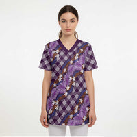 Polynesian Monstera Tiare Floral Scrub Top Lavender Tropical Plaid LT01 - Polynesian Pride