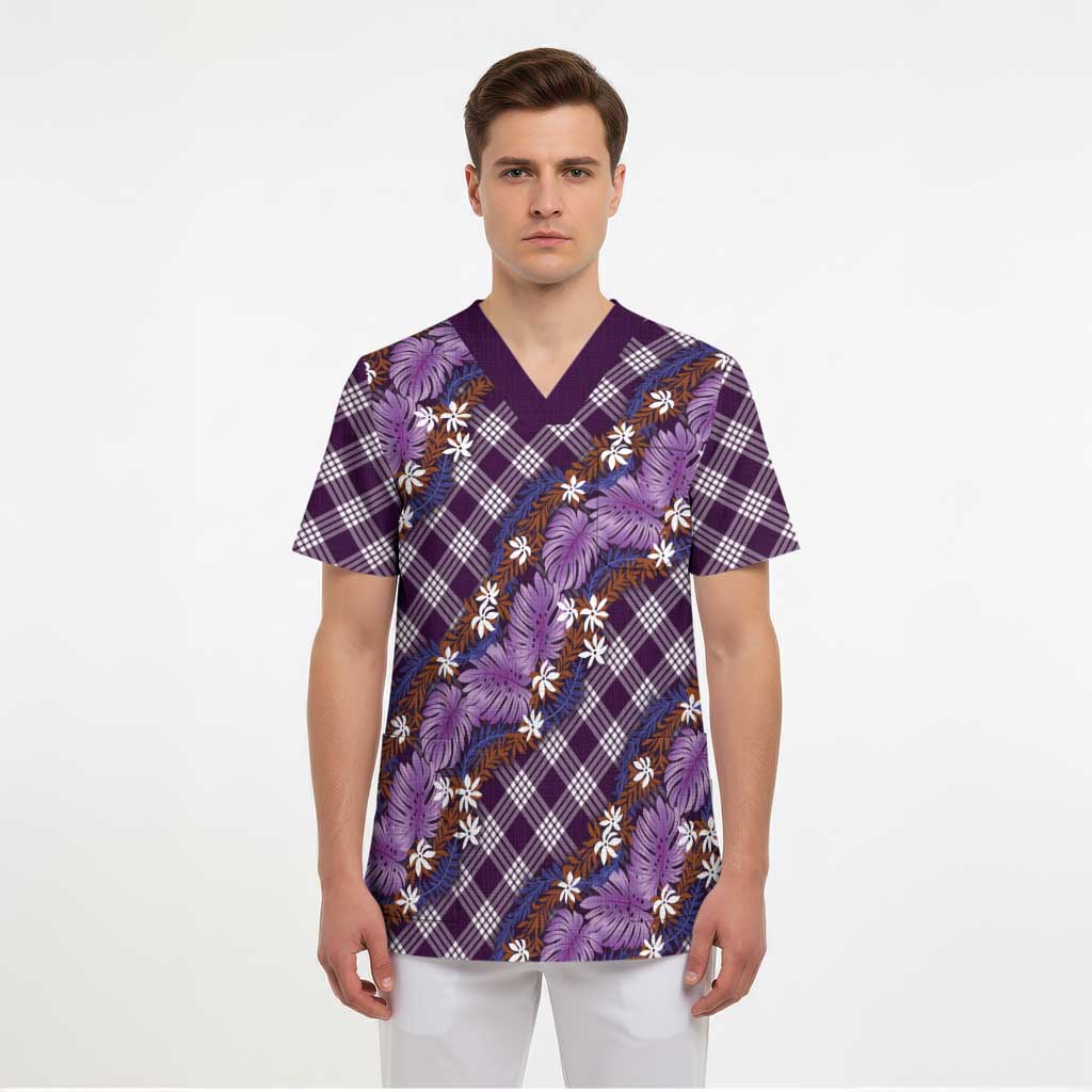 Polynesian Monstera Tiare Floral Scrub Top Lavender Tropical Plaid LT01 - Polynesian Pride