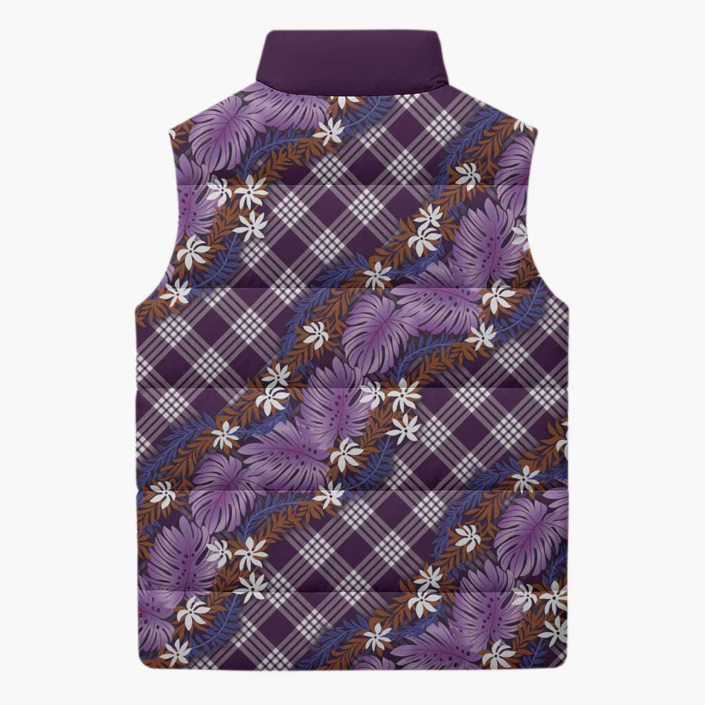 Polynesian Monstera Tiare Floral Sleeveless Puffer Jacket Lavender Tropical Plaid LT01 - Polynesian Pride