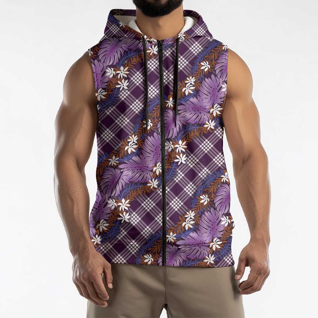 Polynesian Monstera Tiare Floral Sleeveless Zip Hoodie Lavender Tropical Plaid LT01 - Polynesian Pride