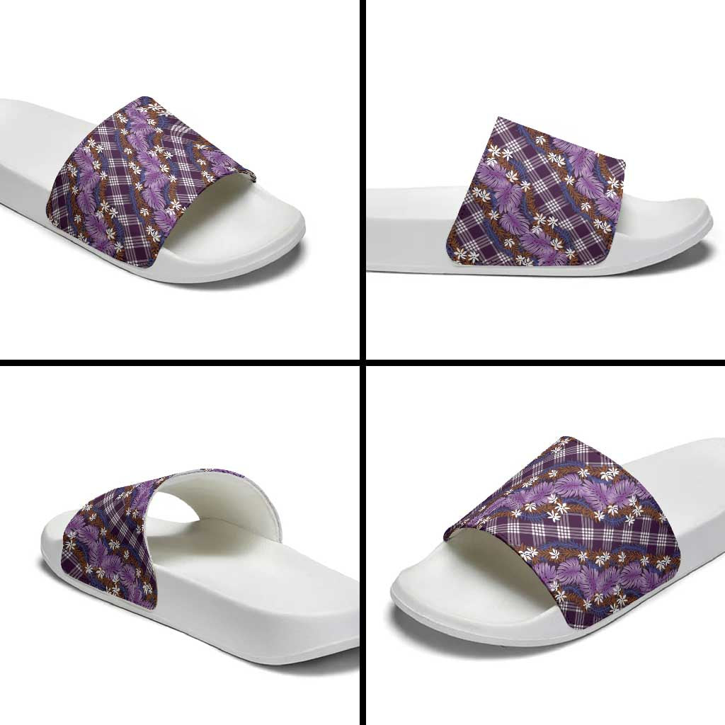 Polynesian Monstera Tiare Floral Slide Sandals Lavender Tropical Plaid - Polynesian Pride
