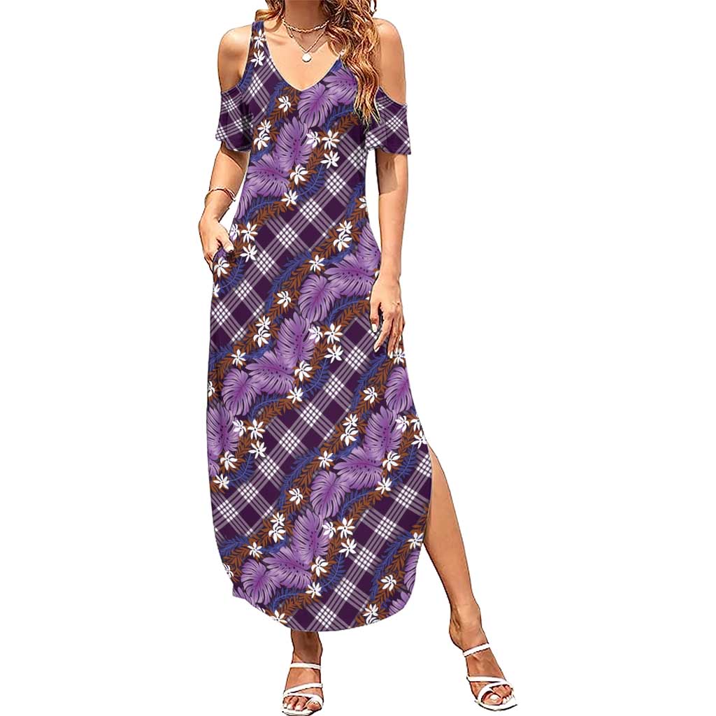 Polynesian Monstera Tiare Floral Summer Maxi Dress Lavender Tropical Plaid - Polynesian Pride