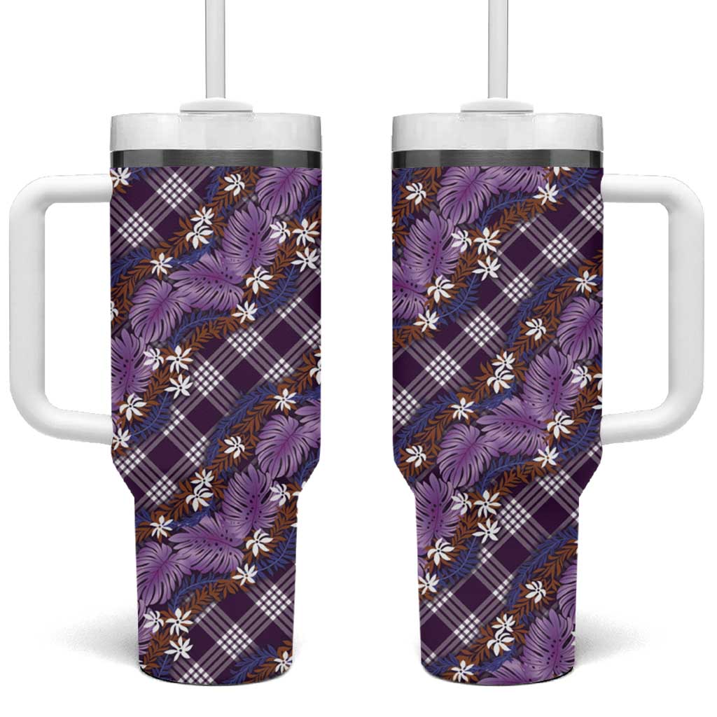 Polynesian Monstera Tiare Floral Tumbler With Handle Lavender Tropical Plaid - Polynesian Pride