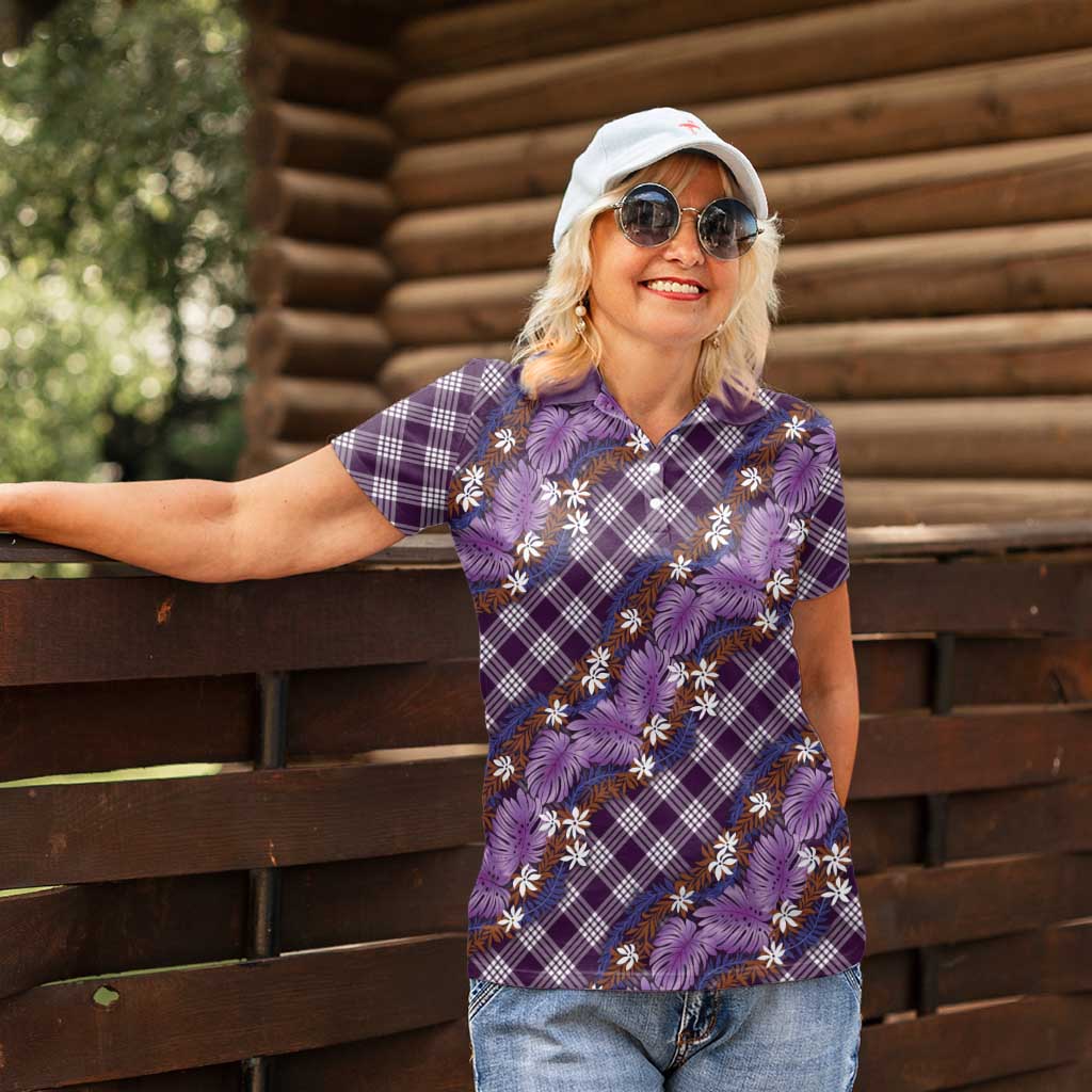 Polynesian Monstera Tiare Floral Women Polo Shirt Lavender Tropical Plaid - Polynesian Pride