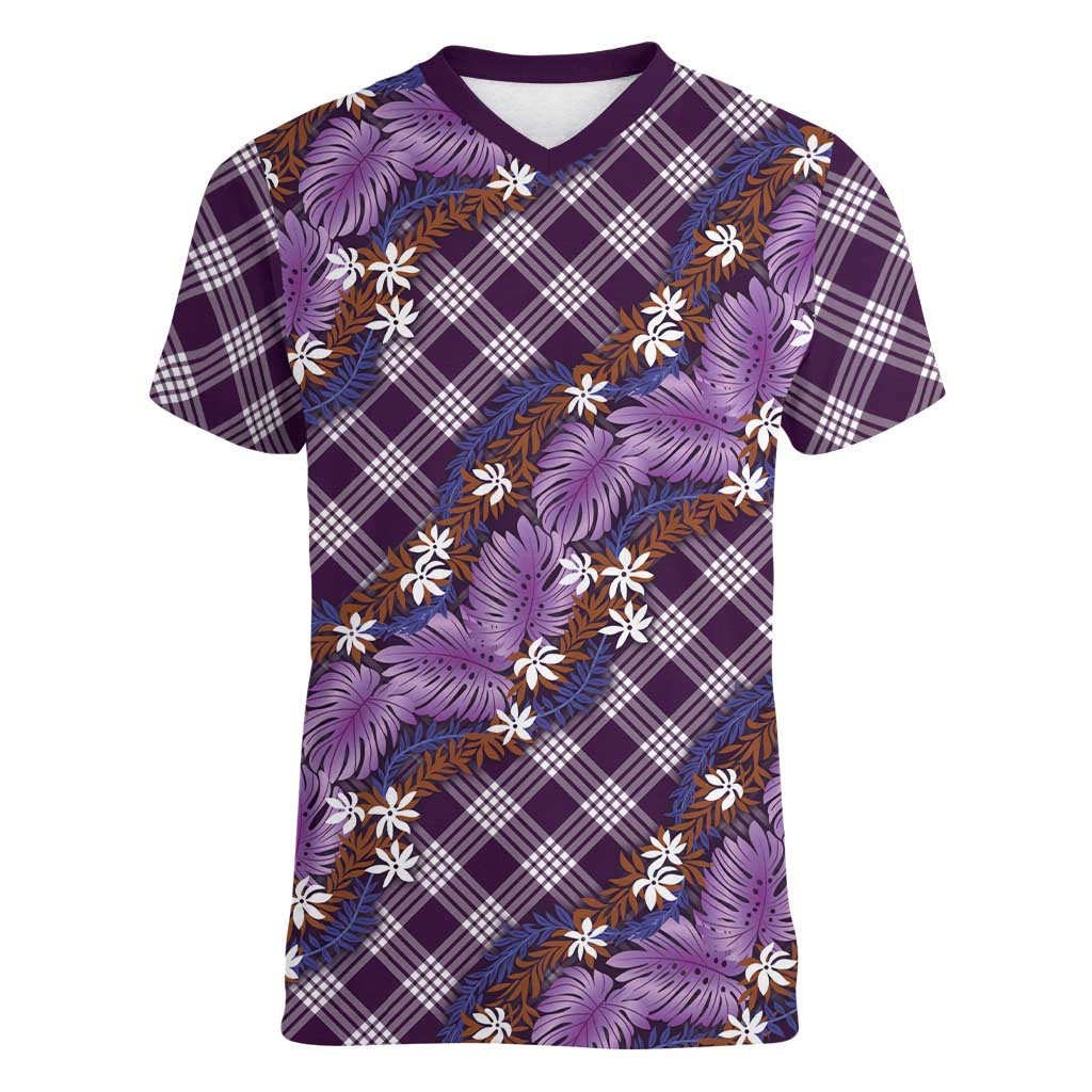 Polynesian Monstera Tiare Floral Women V-Neck T-Shirt Lavender Tropical Plaid LT01 Female Purple - Polynesian Pride