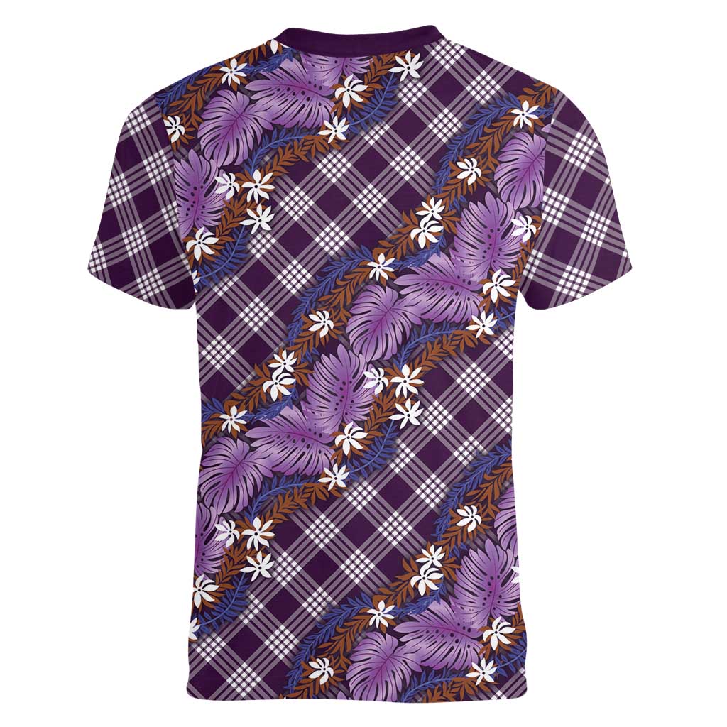 Polynesian Monstera Tiare Floral Women V-Neck T-Shirt Lavender Tropical Plaid LT01 - Polynesian Pride