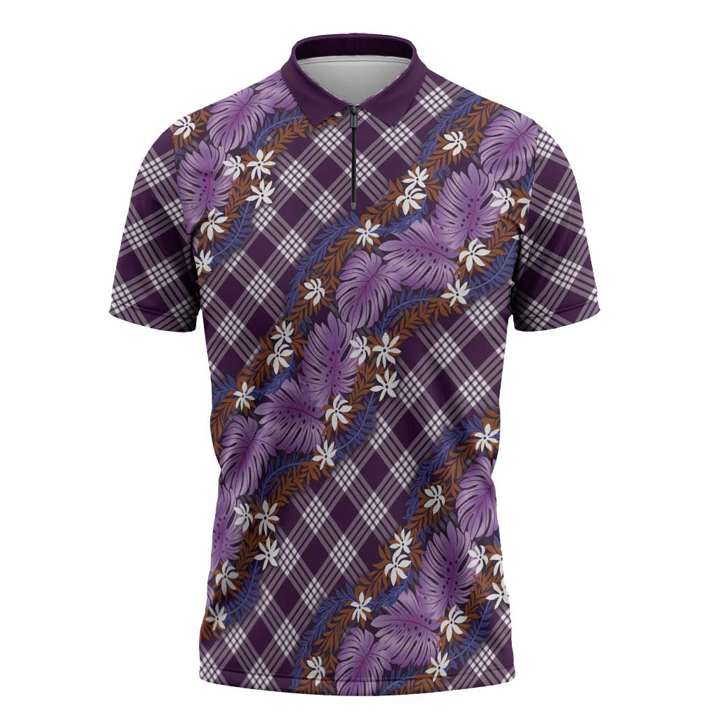 Polynesian Monstera Tiare Floral Zipper Polo Shirt Lavender Tropical Plaid LT01 Purple - Polynesian Pride