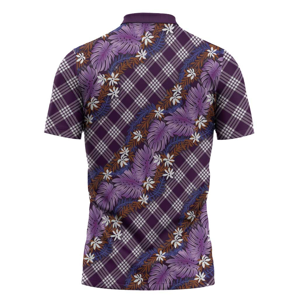 Polynesian Monstera Tiare Floral Zipper Polo Shirt Lavender Tropical Plaid LT01 - Polynesian Pride