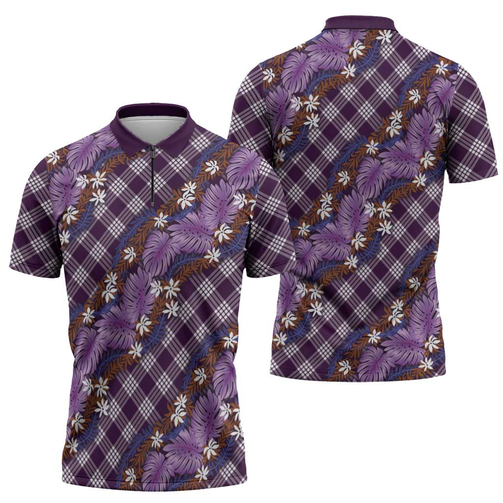 Polynesian Monstera Tiare Floral Zipper Polo Shirt Lavender Tropical Plaid LT01 - Polynesian Pride