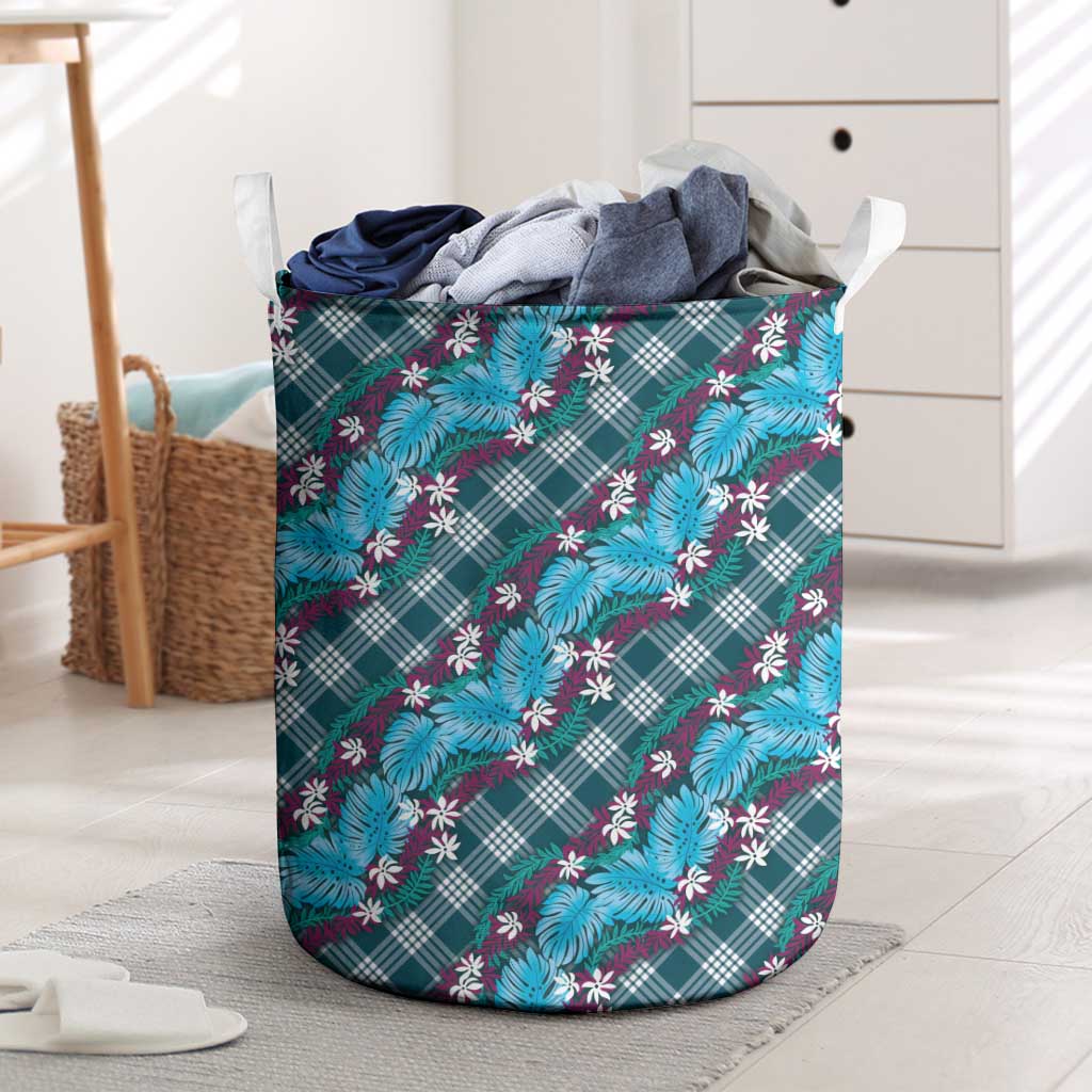 Polynesian Monstera Tiare Floral Laundry Basket Dark Teal Tropical Plaid LT01 Teal - Polynesian Pride