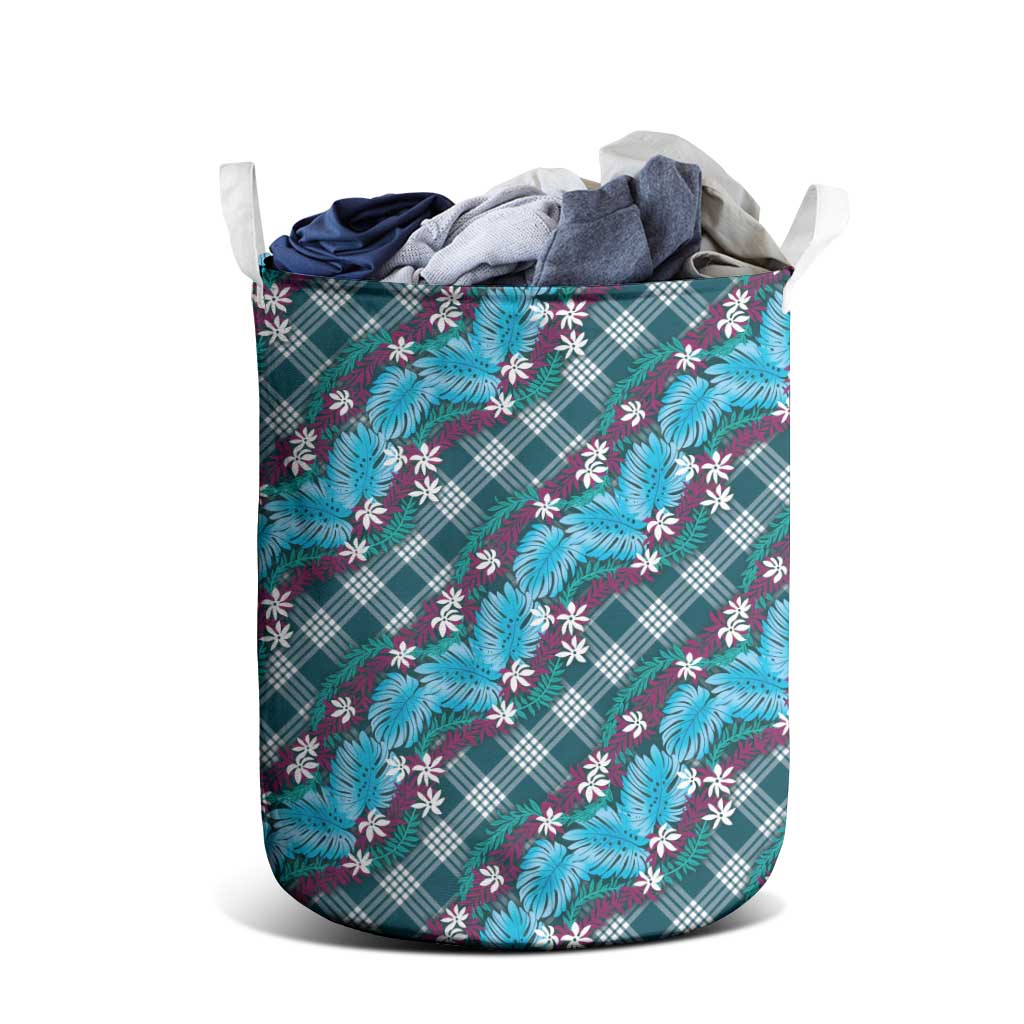 Polynesian Monstera Tiare Floral Laundry Basket Dark Teal Tropical Plaid LT01 - Polynesian Pride