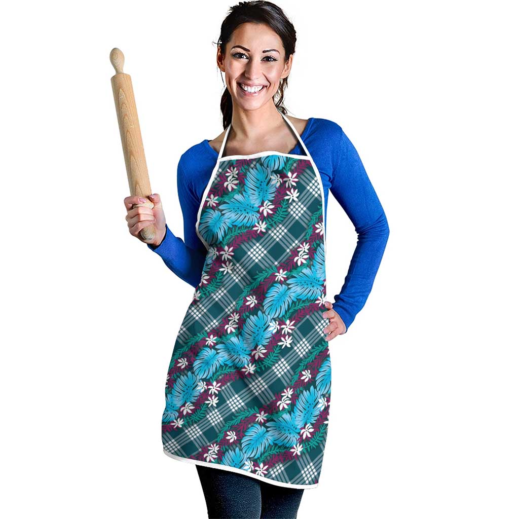 Polynesian Monstera Tiare Floral Apron Dark Teal Tropical Plaid LT01 - Polynesian Pride