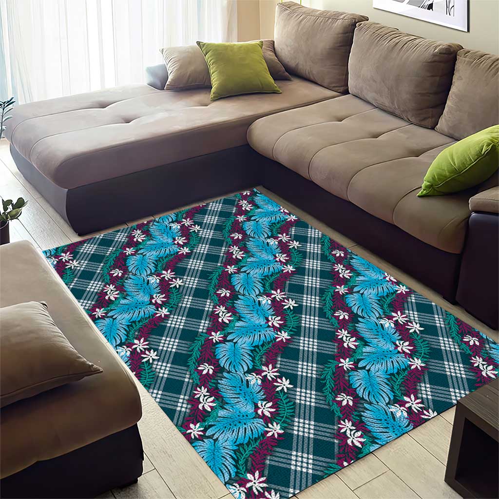Polynesian Monstera Tiare Floral Area Rug Dark Teal Tropical Plaid - Polynesian Pride