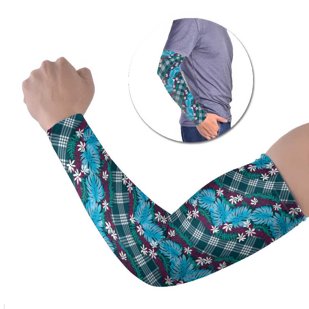 Polynesian Monstera Tiare Floral Arm Sleeves Dark Teal Tropical Plaid LT01 Set of 2 Teal - Polynesian Pride