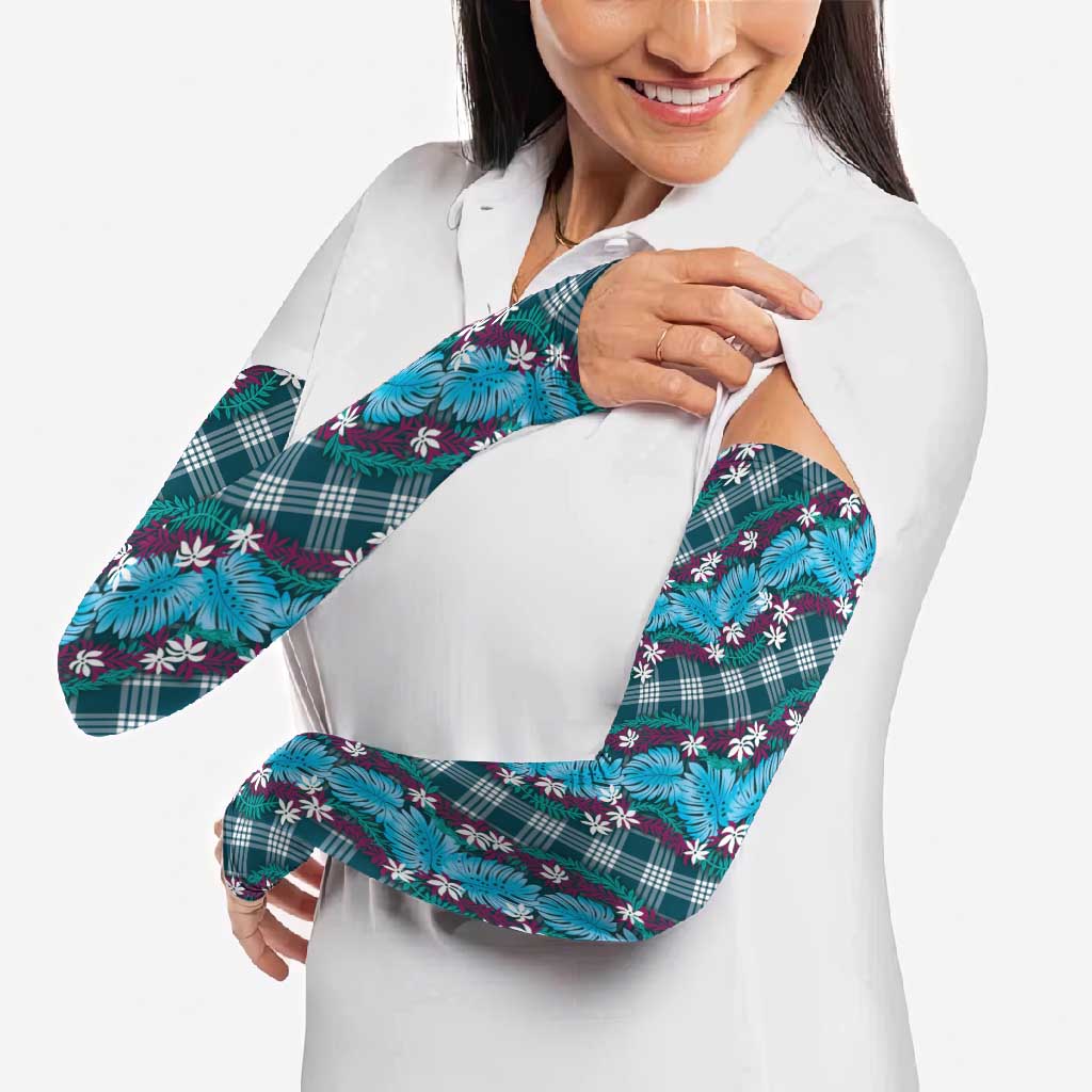 Polynesian Monstera Tiare Floral Arm Sleeves Dark Teal Tropical Plaid LT01 - Polynesian Pride