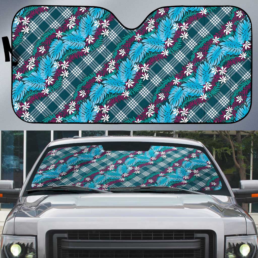 Polynesian Monstera Tiare Floral Auto Sun Shade Dark Teal Tropical Plaid - Polynesian Pride