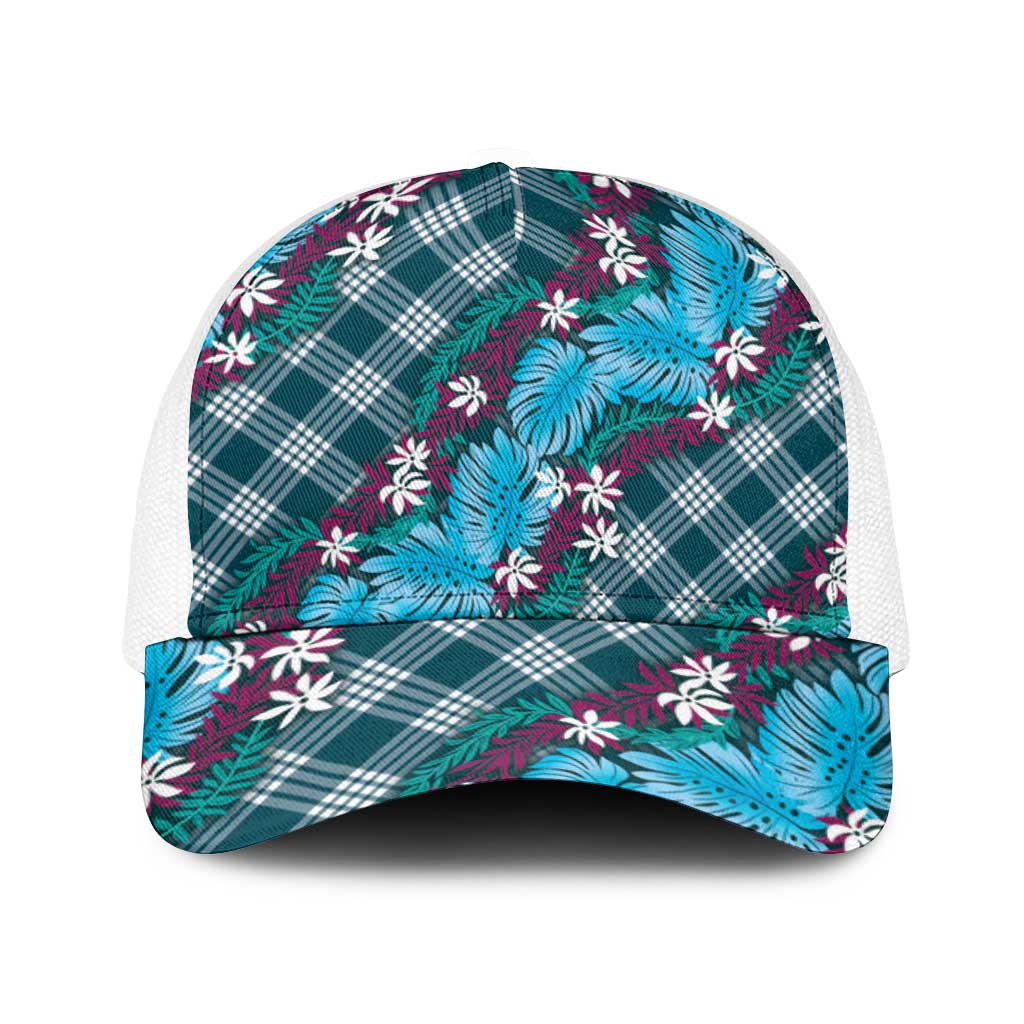 Polynesian Monstera Tiare Floral Baseball Net Cap Dark Teal Tropical Plaid - Polynesian Pride