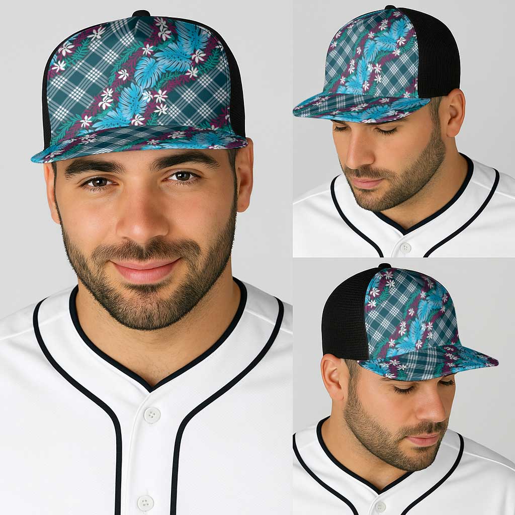 Polynesian Monstera Tiare Floral Baseball Net Cap Dark Teal Tropical Plaid - Polynesian Pride