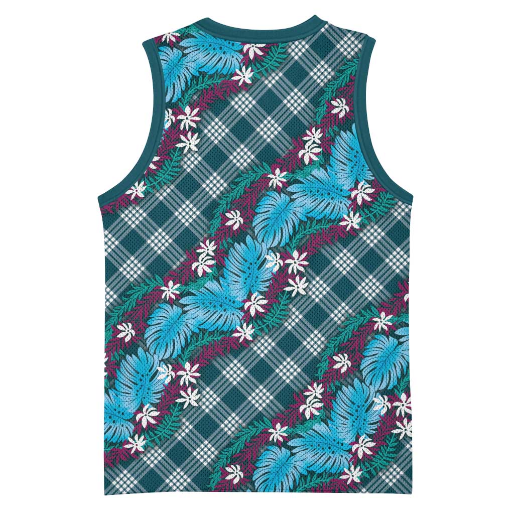 Polynesian Monstera Tiare Floral Basketball Jersey Dark Teal Tropical Plaid LT01 - Polynesian Pride
