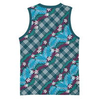 Polynesian Monstera Tiare Floral Basketball Jersey Dark Teal Tropical Plaid LT01 - Polynesian Pride