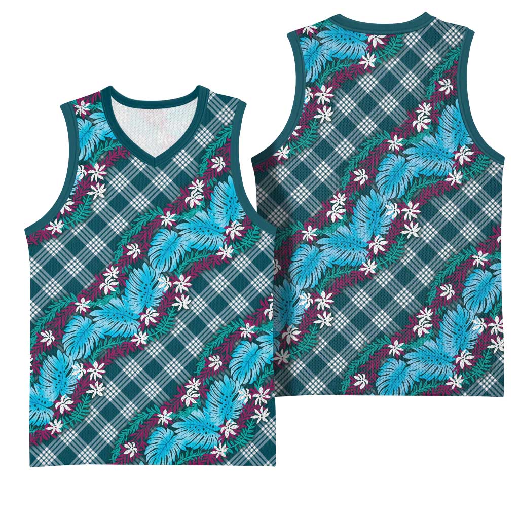 Polynesian Monstera Tiare Floral Basketball Jersey Dark Teal Tropical Plaid LT01 - Polynesian Pride