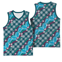 Polynesian Monstera Tiare Floral Basketball Jersey Dark Teal Tropical Plaid LT01 - Polynesian Pride