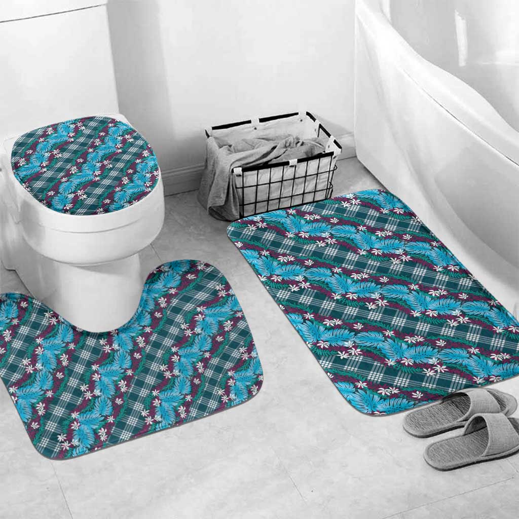 Polynesian Monstera Tiare Floral Bathroom Set Dark Teal Tropical Plaid - Polynesian Pride