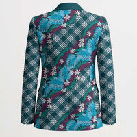 Polynesian Monstera Tiare Floral Blazer Dark Teal Tropical Plaid - Polynesian Pride