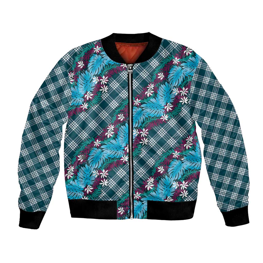 Polynesian Monstera Tiare Floral Bomber Jacket Dark Teal Tropical Plaid - Polynesian Pride