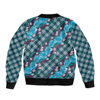 Polynesian Monstera Tiare Floral Bomber Jacket Dark Teal Tropical Plaid - Polynesian Pride