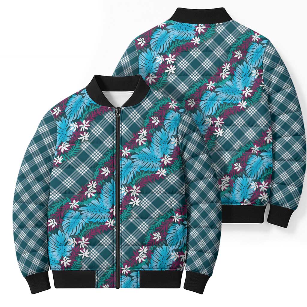Polynesian Monstera Tiare Floral Bomber Puffer Jacket Dark Teal Tropical Plaid LT01 - Polynesian Pride