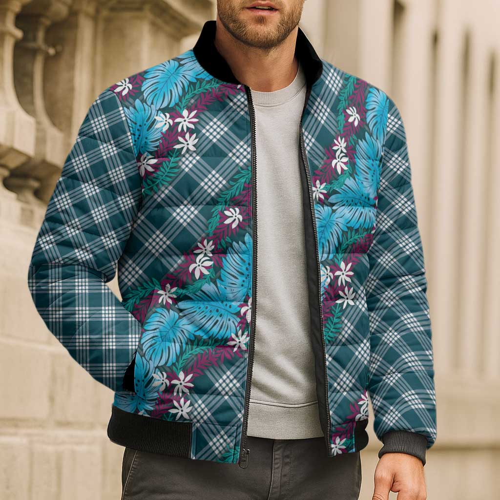 Polynesian Monstera Tiare Floral Bomber Puffer Jacket Dark Teal Tropical Plaid LT01 - Polynesian Pride