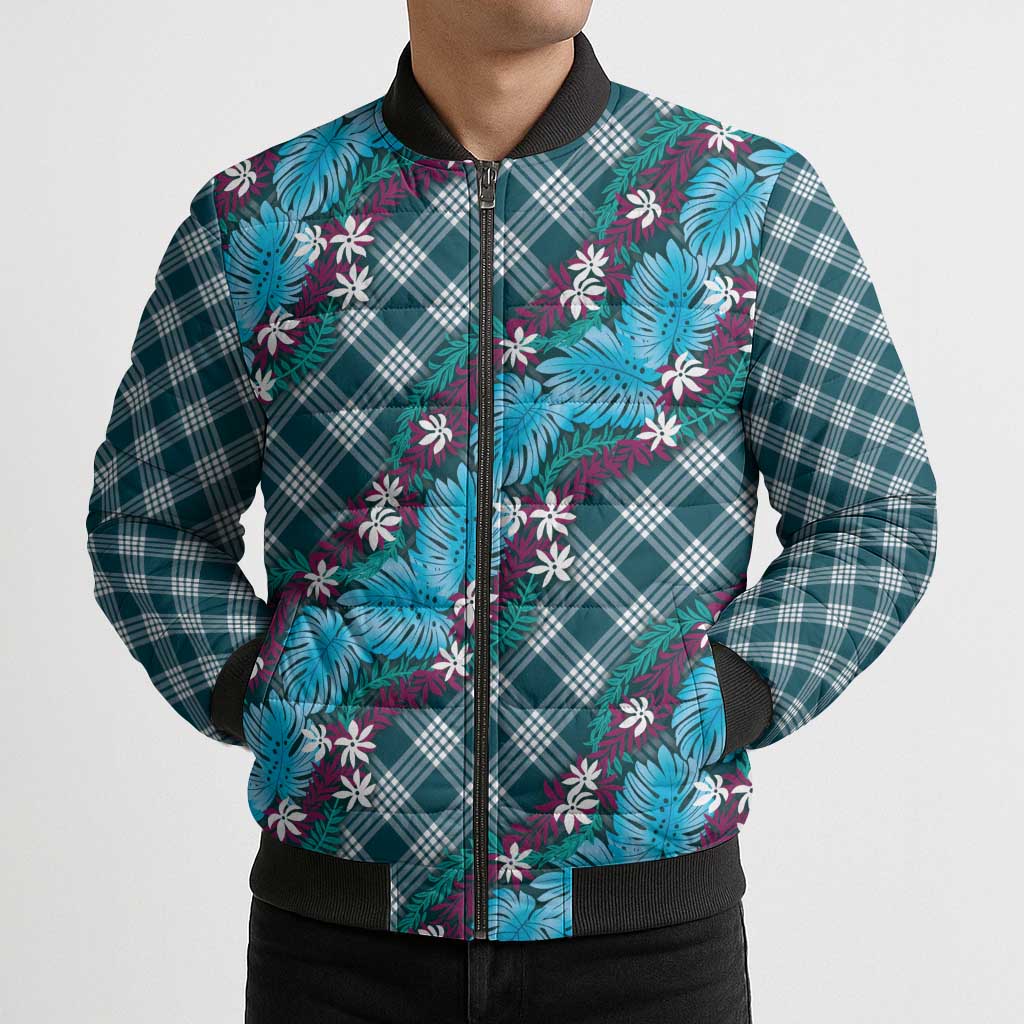 Polynesian Monstera Tiare Floral Bomber Puffer Jacket Dark Teal Tropical Plaid LT01 - Polynesian Pride