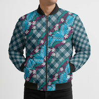 Polynesian Monstera Tiare Floral Bomber Puffer Jacket Dark Teal Tropical Plaid LT01 - Polynesian Pride