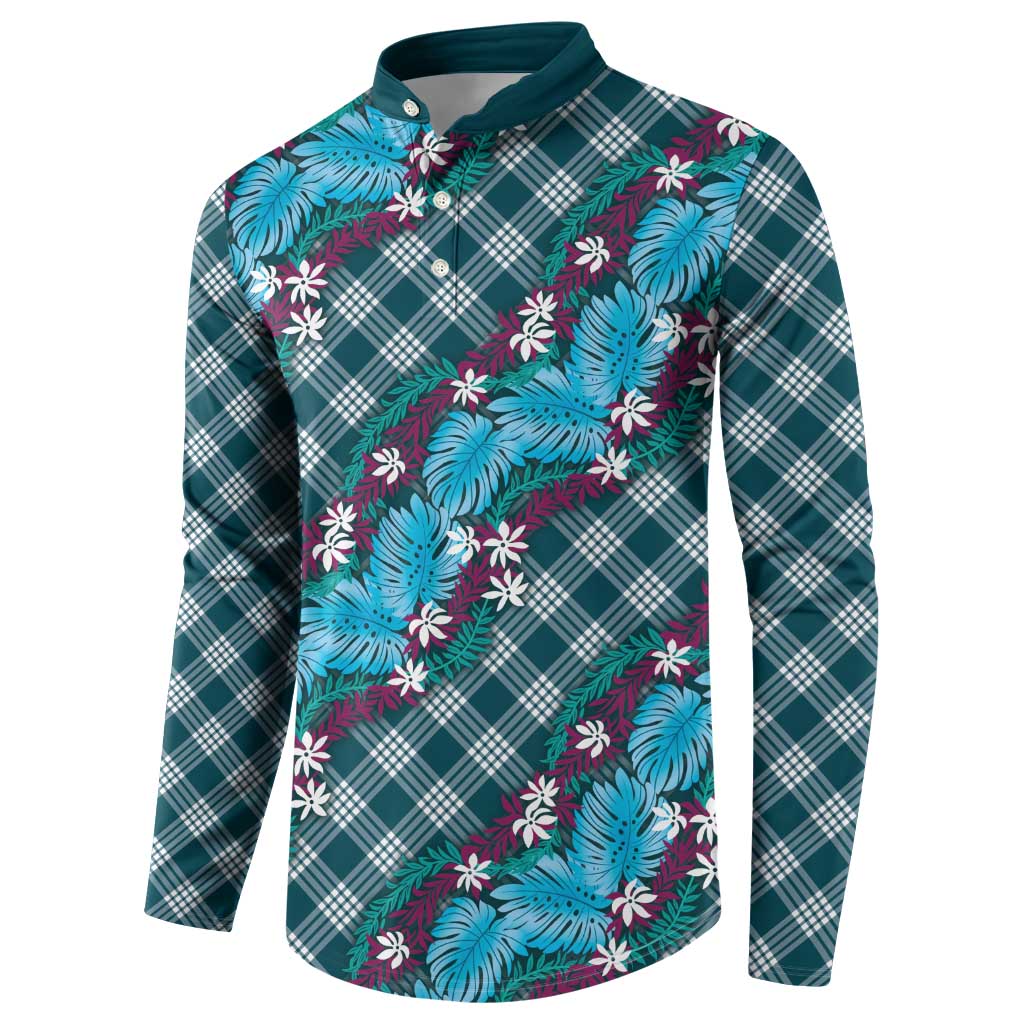 Polynesian Monstera Tiare Floral Button Sweatshirt Dark Teal Tropical Plaid LT01 - Polynesian Pride