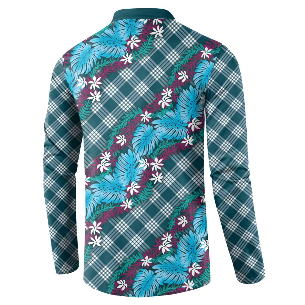 Polynesian Monstera Tiare Floral Button Sweatshirt Dark Teal Tropical Plaid LT01 - Polynesian Pride