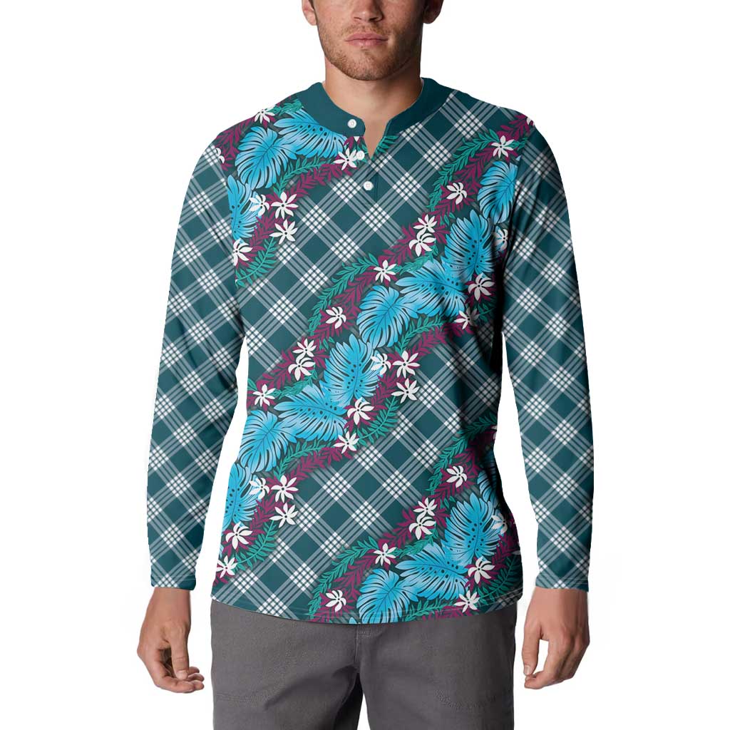 Polynesian Monstera Tiare Floral Button Sweatshirt Dark Teal Tropical Plaid LT01 - Polynesian Pride