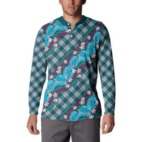 Polynesian Monstera Tiare Floral Button Sweatshirt Dark Teal Tropical Plaid LT01 - Polynesian Pride