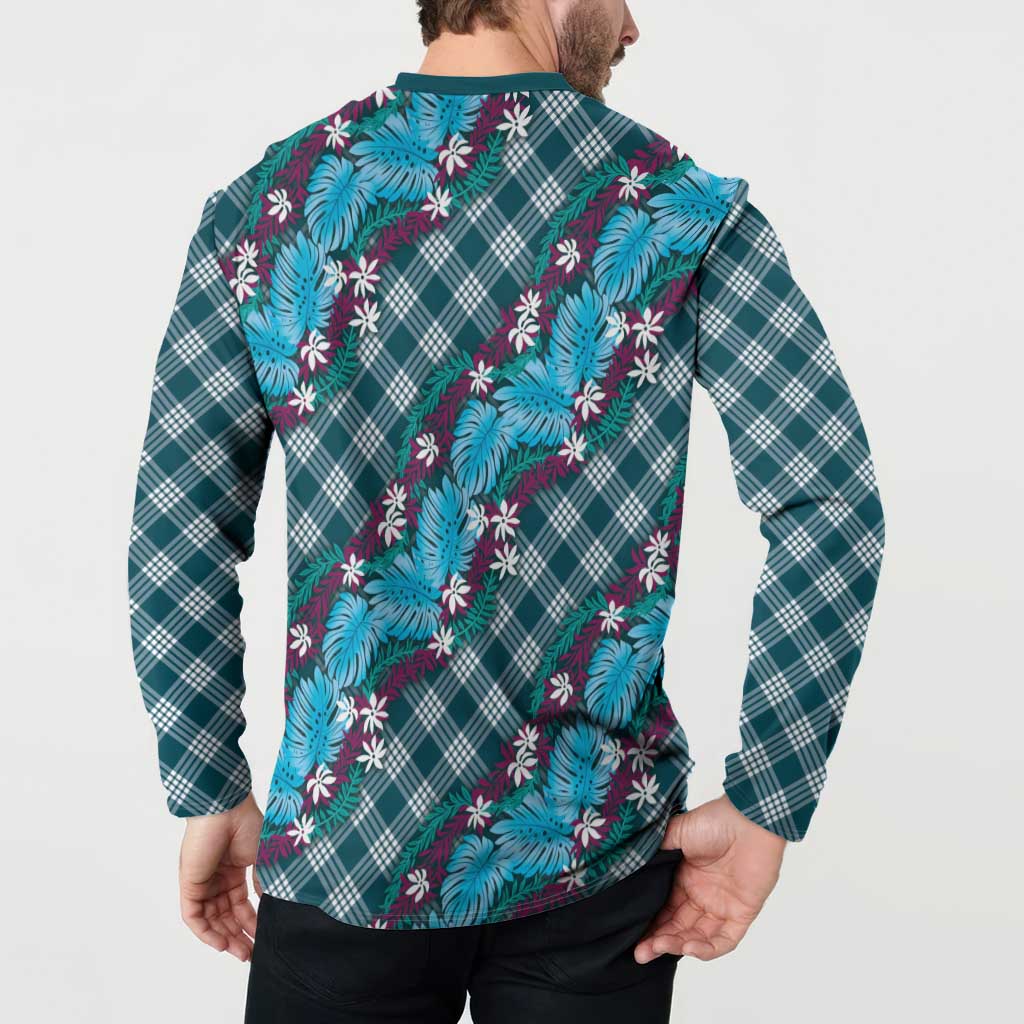 Polynesian Monstera Tiare Floral Button Sweatshirt Dark Teal Tropical Plaid LT01 - Polynesian Pride